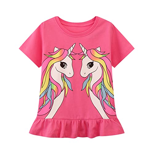 Girl Short Sleeve Tee Shirt Unicorn Cotton Casual Crewneck Graphic Tops T-Shirts Pink Yellow 3 Packs Sets Size 6 #TOP3