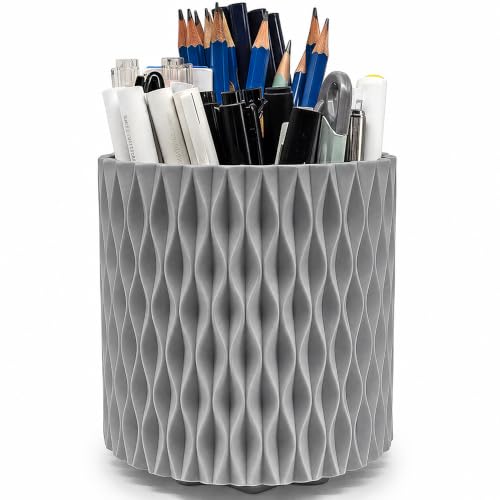 Image of Lebenrich Rotating Pen Pencil Holder for Desk, 5 Slots Unique Grey Desk Pen Organizer Easthetic Desktop Supplies and Accessories for Women Girls, Pen Cup Pencil Caddy for Office Home Art Supply