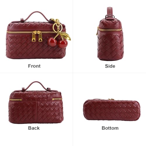 Image of Small Woven Box Crossbody Bags for Women Designer Leather Mini Top Handle Clutch Purse Square Vanity Bag with Cherry Charm