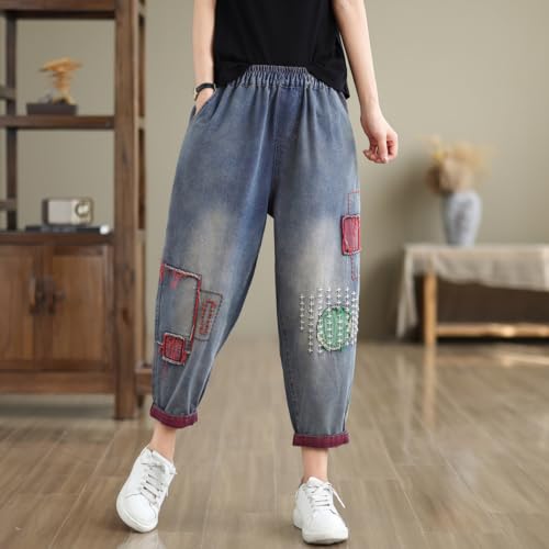 Women Retro Embroidered Loose Jeans Casual Ripped Jeans Harem Pants4