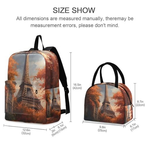 Autumn Eiffel Tower Print Backpack Set with Lunch Bag, Large Capacity Travel Backpacks and Lunch Box Insulated for Commute Hiking Picnic2