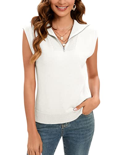Amarmia Women's Zipper Knit Sweater Vest Sleeveless Summer Solid High Neck Cute Cap Sleeve Casual Loose Pullover Tank Tops White #TOP26