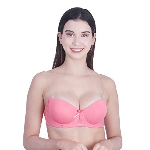 Image of Brachy Women Cotton Nylon Spandex Padded Underwire Strapless Backless Invisible Clear Transparent Back Push up Bra with (Free Extra Transparent Strap)