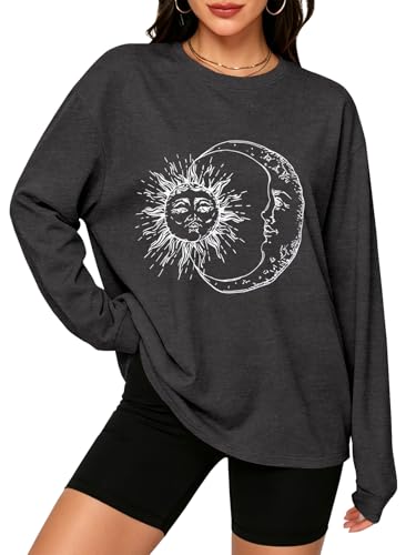 rosemia Oversized Long Sleeve Shirts for Women Crewneck Casual Graphic Tees Loose Workout Tops Grey Sun Moon M