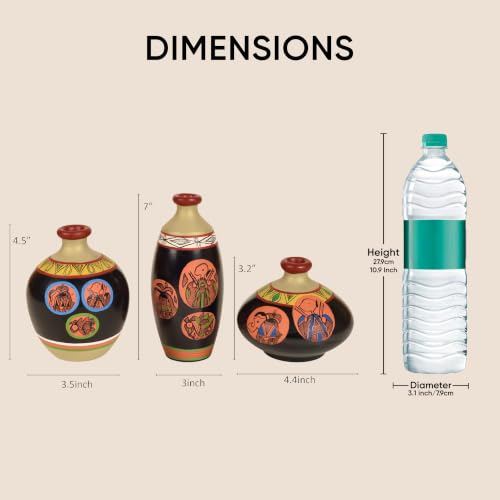 Image of Aakriti Art Creations Vase Earthen Black Madhubani Set of 3 | Hand-Painted Terracotta Flower Vases | Matte Finish Decorative Vases for Living Room, Table Decor & Gifting