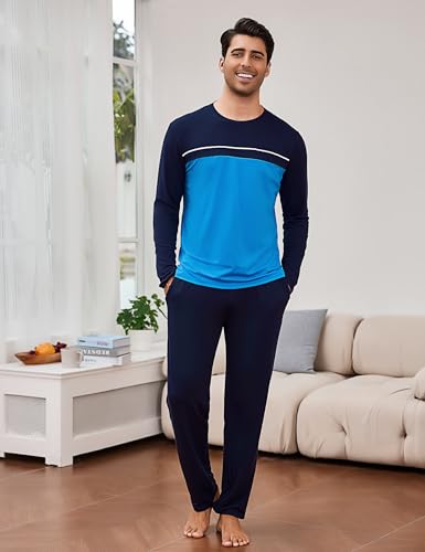 Bresdk Herren Schlafanzug Lang Baumwolle Pyjama Set Herbst Winter Zweiteiler Nachtwäsche Langarm Schlafanzüge,Blau Hellblau,XL