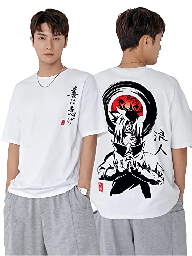 Jump Cuts Mens 3/4th Sleeve Printed Round Neck White and Black Cotton Blend Oversized Fit (Drop Shoulder) T-Shirt