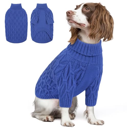 Image of Queenmore Dog Jumper Large, Stretchy Warm Turtleneck Knitted Dog Clothes for Cold Weather, Labrador Golden Retriever Border Collie, Blue, XL