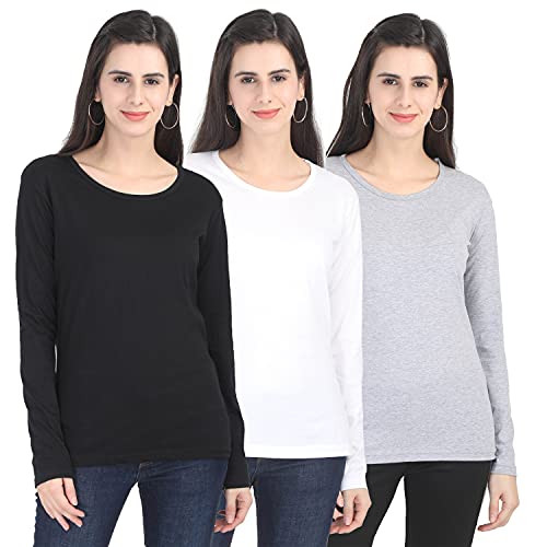 Image of FLEXIMAA Women's Cotton Plain Round Neck Full Sleeve T-Shirt