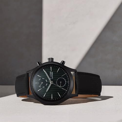 Image of Titan Sapphire Quartz Multifunction Green Dial Black Leather Strap Watch for Men - NT1874NL01