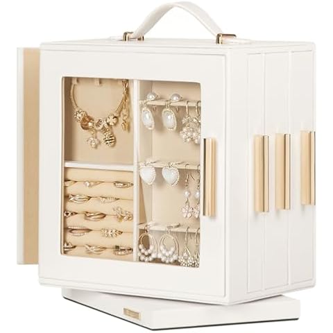 Homde Jewelry Box 360° Rotating, Jewelry Organizer with Transparent Window, Mirror, 7 Drawers, Large Jewelry Display Storage Case for Girls Women (White) Cover