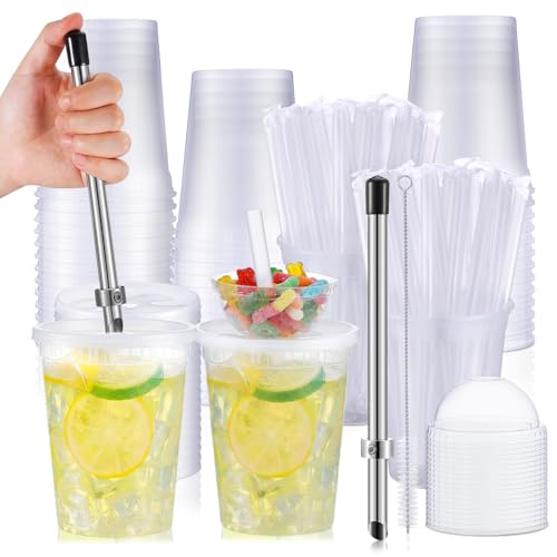 Reallnaive 24 set Lemonade cups with Candy on Top Lemonade Cups with Punch Lids Straws and Candy Holder Toppers Fun Summer Party Favors for Lemon Stands Carnivals Birthday Events
