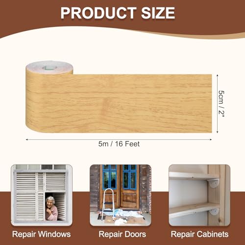 Image of MECCANIXITY Wood Grain Repair Tape, 2 Inch x 16 Feet Self Adhesive Wood Grain Tape Multi-Purpose Wallpaper Border Trim for Furniture Floors Windows Doors Tables Home, Bright Yellow