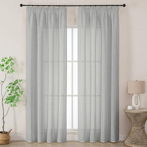 Joydeco Rideau Voilage Lin Naturel avec Galon Fronceur sur Rail 140x225cm 2 Panneaux, Rideaux Voilages Semi-Transparent Hauteur 225cm pour Decoration...