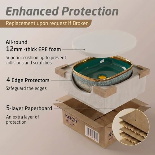 Image of BASSINO 18x13x5.5 Inches Table Top Washbasin /1 Year Warranty /Ceramic Wash Basin for Bathroom /Rectangle Counter Top Wash Basin for Dining Hall /Living Room /Tabletop Sink(Glossy Green & Gold)