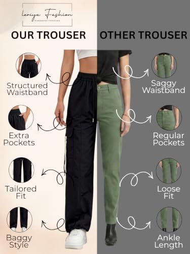 Image of Leriya Fashion Cargo Pants For Woman | Trousers For Womans |High Waist PolyCotton Trouser for Women - Flared Parachute Pants with Side Pockets |Womens Cargo Pant | Track Pant For Womans |Elegant for College & Events (Available in Plus Size)