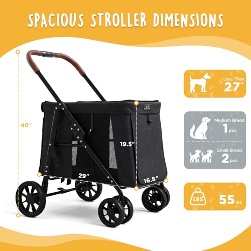 Image of CANINE CANYON Scout Pet Stroller, Heavy Duty Dog Stroller for Large & Medium Dogs, Foldable Pet Stroller for 2 Small Dogs with All-Terrain Wheels, Storage Pocket & Cup Holder, 55 lbs Capacity, Black