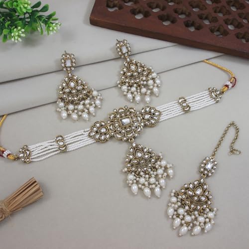 Image of I Jewels Traditional Kundan & Pearl Necklace Jewellery With Earrings & Maang Tikka Set For Women