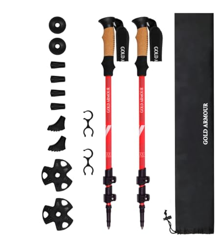 Review de Accesorios ligeros para senderismo Top cinco. 35 Gold Armour - Bastones de senderismo plegables y ligeros, de aluminio 7075, bastones de senderismo con empuñaduras de corcho, 4 puntas, accesorios para todo terreno, ideales para...