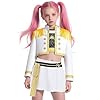 Girls Pop Singer Costume Demon Cosplay Outfit, Kids 3Pcs Jacket with Detachable Golden Tassels, Sequin Top and Skirt Set for Halloween Party QM077M