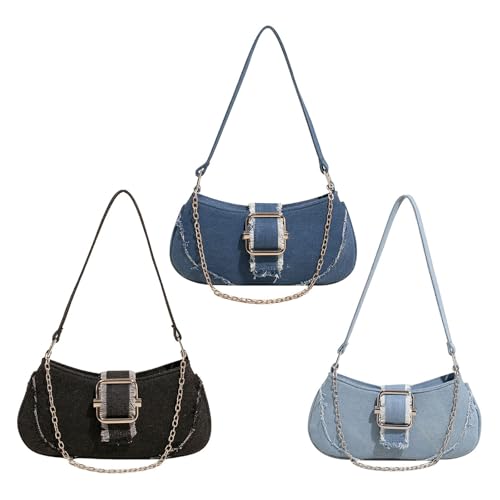Stylish Jean Shoulder Bag With Chain Detail For Women Casual Travel Compact Armpit Purse Outdoor Essential Handbag Phone Stor4