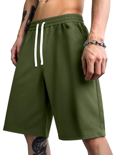 PLEPAN Men's Baggy Sweat Shorts Army Green Small | Knee Length