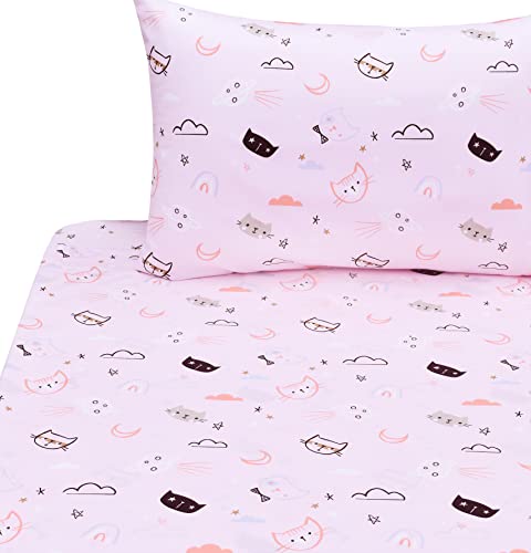 J-Pinno Kitty Cats Pink Cartoon Twin 100% Cotton 3 Pieces Sheet Set Bedroom Decoration Gift Flat Sheet + Fitted Sheet + Pillowcase Bedding Set For Unisex Boys Girls (Pink Cat, Twin) #TOP4