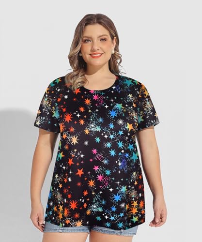 Image of CARCOS Plus Size Tops for Women Short Sleeve Shirt Summer Star /Leopard /Tie Dye /Flower Crewneck Pullover Tunic XL-5XL