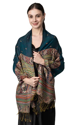 Achillea Reversible Bohemian Paisley Pashmina Ethnic Tribal Border Shawl Wrap Scarf (Teal) #TOP2