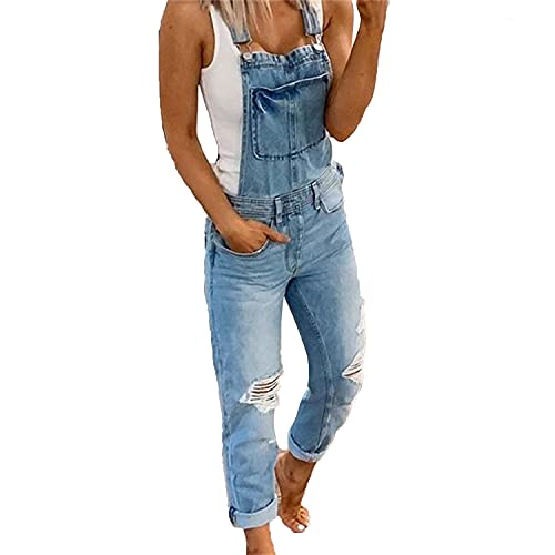 Women s Ripped Denim Bib Overalls Adjustable Straps Pockets Jean Rompers Casual Distressed Jeans Fit Jumpsuits (Light Blue,Small)
