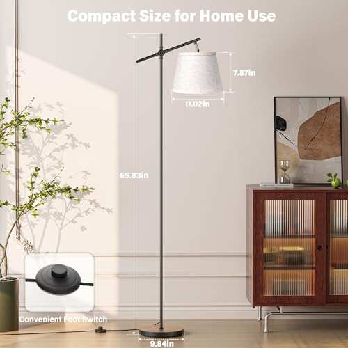 Image of SIBRILLE Floor Lamp with Linen Shade, Dimmable Tall Standing Lamp with Remote Control & 3 Color Temperatures Bulb, Modern Swing Arm Floor Lamps for Living Room Bedroom Office Corner