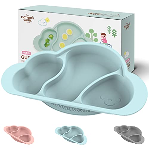 Mother's Corn Suction Plate For Baby | Divided Food-Grade 100% Silicone Feeding Bowls And Dishes For Kids, Infants & Toddlers - Bpa-Free, Microwave, Dishwasher & Oven Safe | Cloud Design | Blue Mint #TOP16
