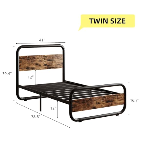 Image of Twin Bed Frames, Metal Platform Twin Bed Frame with Wood Headboard, Brown | RBG LED Lights /Heavy Duty Metal Slats Support /12 in Under-Bed Storage /Noise-Free /No Box Spring Needed /Easy Assembly