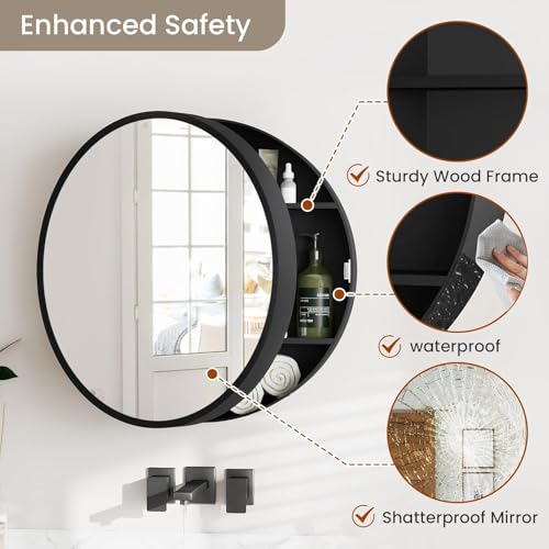 Image of iSTAR 16 Inch Round Wall Mirror with Storage Shelf (Black) | Bathroom Vanity Glass with Hidden Storage Cabinet | Wall Mounted Decorative Reflector for Bathroom, Bedroom, Living Room