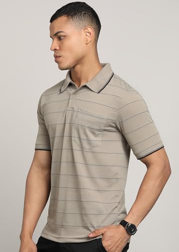 Image of INKKR Men Striped Polo Neck Cotton Blend T-Shirt