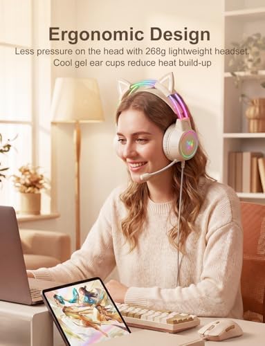 ONITOON Girl Gaming Headset with Microphone, Detachable Cat Ear, RGB LED Light Surround Sound, Wired Over Ear Headphones for Laptop/Tablet/Phone,Type C Cable & USB-A Adpater - 5