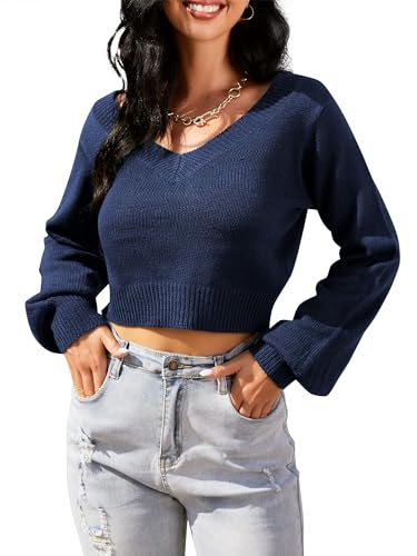 Image of ZAFUL Women's Cropped Sweater V-Neck Long Sleeve Pullover Jumper Knit Top