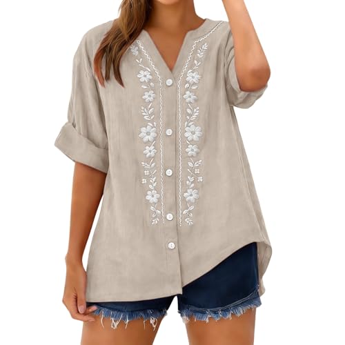 Camisas Mujer Manga 3/4 Algodón y Lino Camiseta Casual Cuello en V Casual T-Shirt Bordado Vintage Blusa Elegante Suelto Moda Fiesta Boho Tops T-Shirt Original Oficina Negocios Primavera Verano