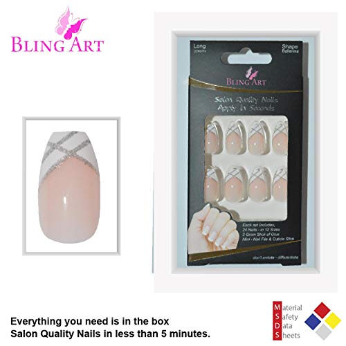 False Nails by Bling Art Silver White Glitter Ballerina Long Fake 24 Acrylic Nail Tips
