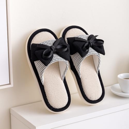 Women's Memory Foam Open Toe Slide Slippers with Cute Bow, Slip-on House Shoes, Summer Linen Slippers Indoor Outdoor2