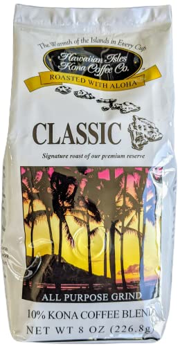 Hawaiian Isles Kona Coffee Co. Kona Classic Ground Coffee, Medium Roast, 8 ounce bag (Classic)
