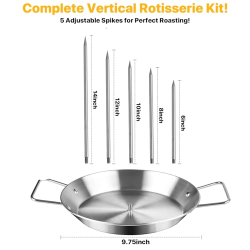 Vertical Skewer for Grill & Oven - Stainless Steel Al Pastor Skewer with Gyro Pan, 5 Adjustable Spikes (6"-14") - Shawarma Meat Stand for Tacos, Chicken Gyro, Doner Kebab - Fits Ovens, Smokers.