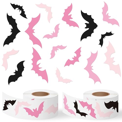 CNhoqc Halloween Bat Sticker Rolls - 1000pcs Spooky Pink & Black Bats Waterproof Vinyl Reusable Laptop Stickers Coloring Book Scrapbook Water Bottle Page Activity Pad Birthday Party Favors Skateboard