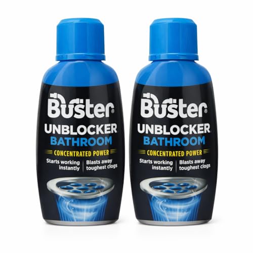 Buster Bathroom Unblocker 300ml Pack of 2 – Fast Acting Drain Cleaner for Sink, Shower & Bath, Concentrated Formula, Removes Hair & Soap Clogs