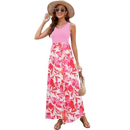 Image of Sherosa Women Boho Chevron Striped Floral Printed Summer Sleeveless Tank Long Maxi Party Dress