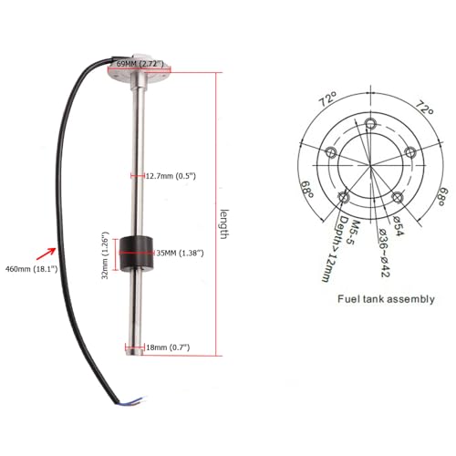 Indicateur niveau d'eau 52mm avec sonde 300mm 0-190 ohms pour réservoir