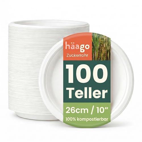 HAAGO 100 Extra Stabile Kompostierbare Zuckerrohr Teller, 26 cm / 10 Zoll – Große Pappteller, Fett- & Auslaufsicher – Biologisch Abbaubare Partyteller, Einwegteller für Grillparty, Hochzeit