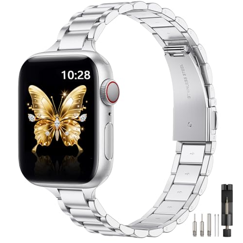 Bracelet fin Apple Watch femme en métal argent mat idéal pour le bureau