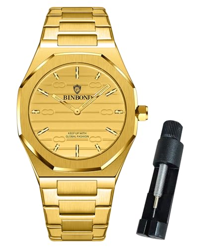 BINBOND Mens Watch Luxury Business Dress Original Analog Quartz Casual Stainless Steel Chain Wrist Watches for Men Fashion Simple Gold Large Dial Easy-Read Waterproof
