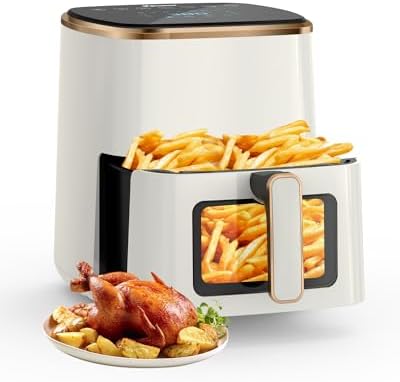 Air Fryer, VEWIOR 5.3Qt Airfyer with Viewing Window, 7 Custom Presets Large Air Fryer Oven with Smart Digital Touchscreen,Non-stick and Dishwasher-Safe Basket, Kitchen Tongs, Rack with Skewers